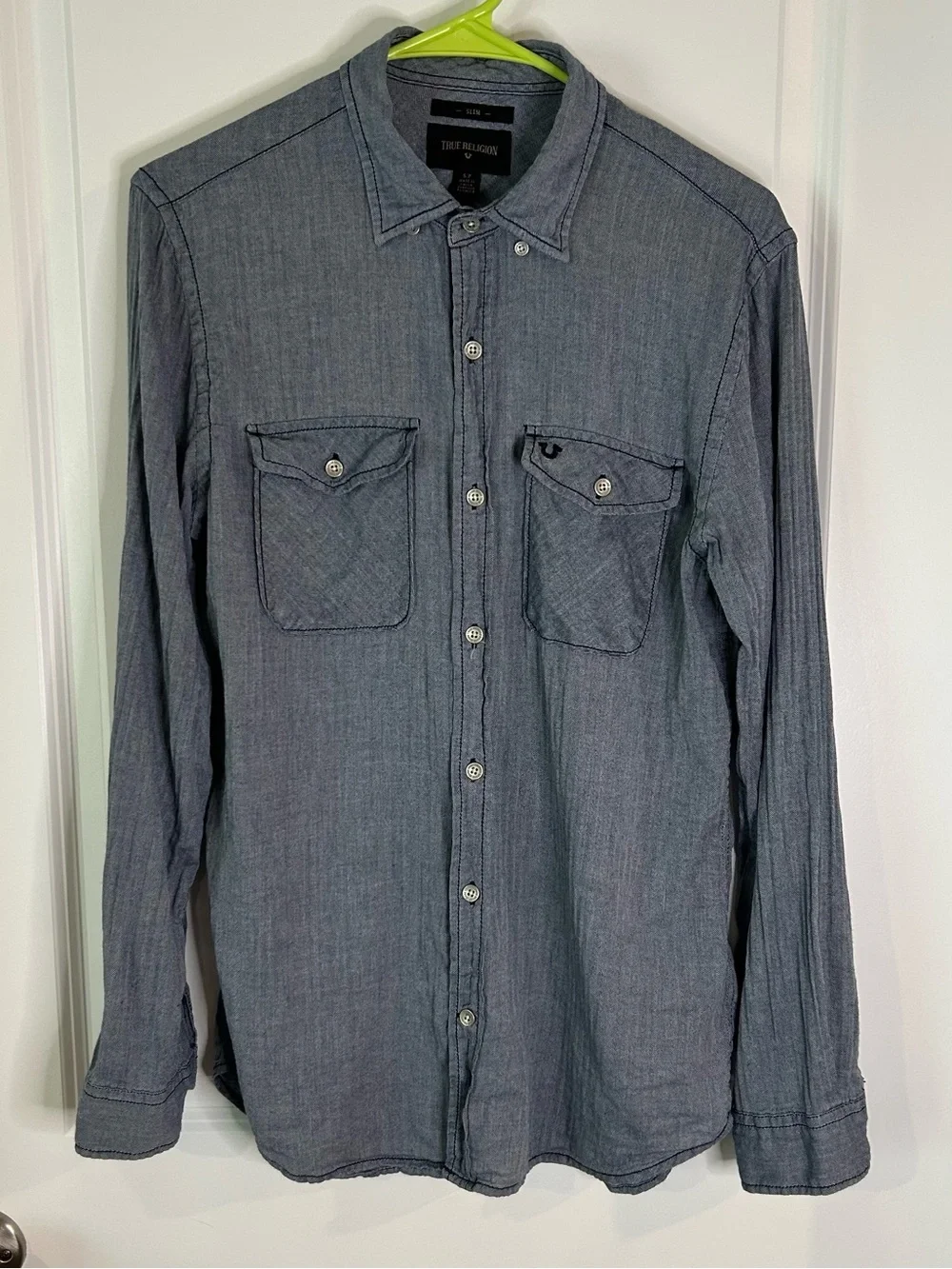 True Religion Men's Slim Fit S Small Blue Button Up Dress Shirt Western Style